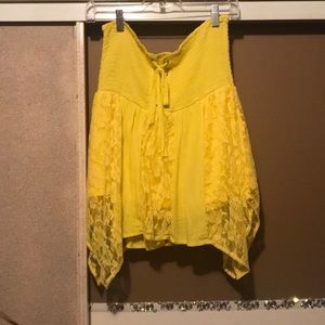 Bright yellow strapless banded lace top